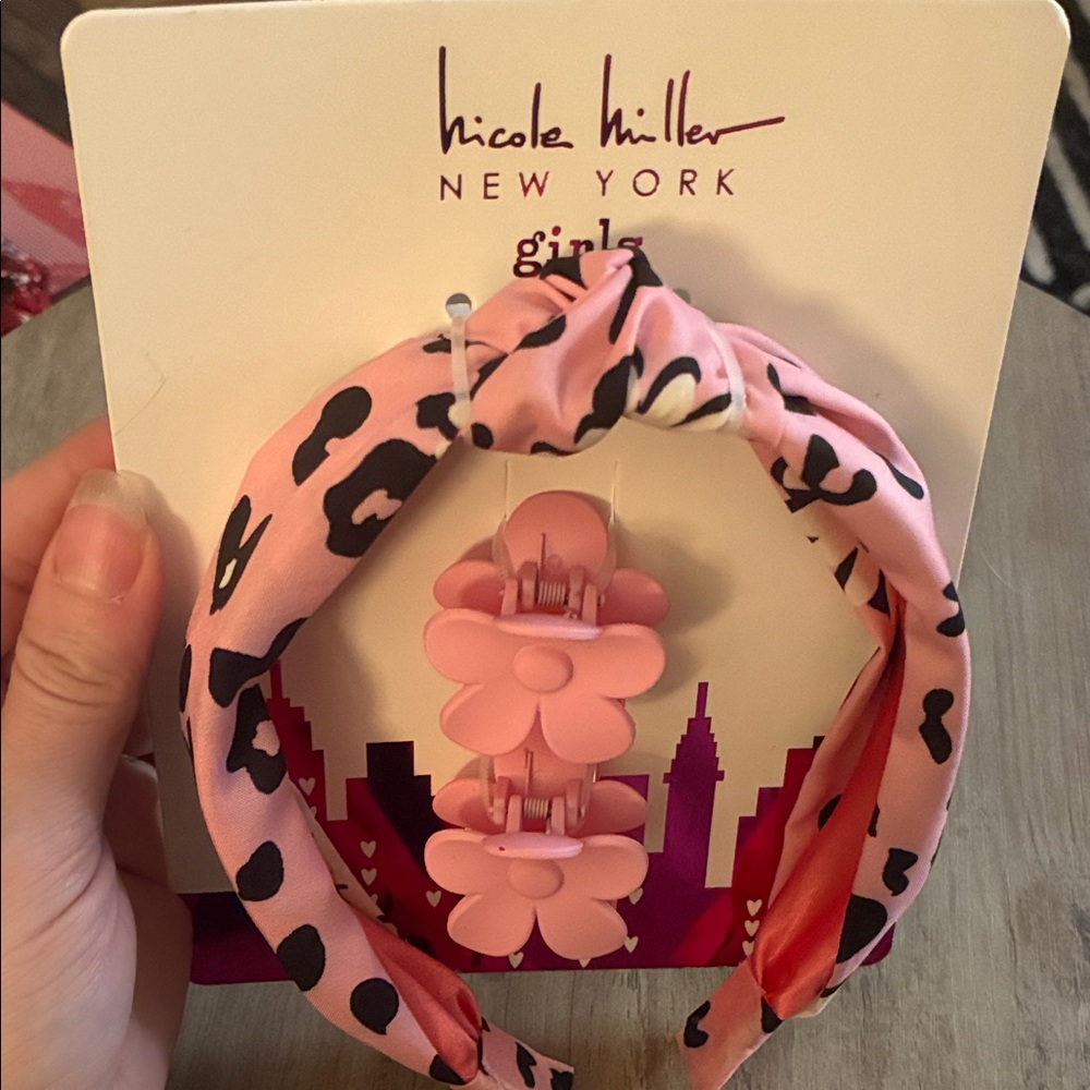 Nicole Miller Pink Animal Print Headband and Flower Clips